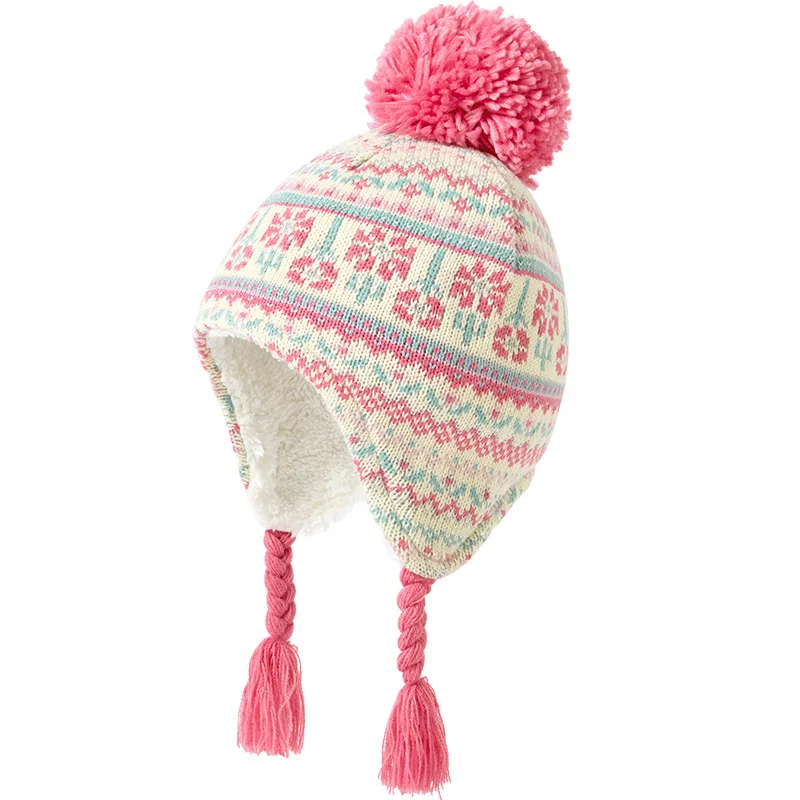Hat Earflap Girl Winter Beanie Kids Pink Acrylic Knit Fleece Lining Cap Pompom Accessory For Autumn Outdoor Cold Weather Skiing