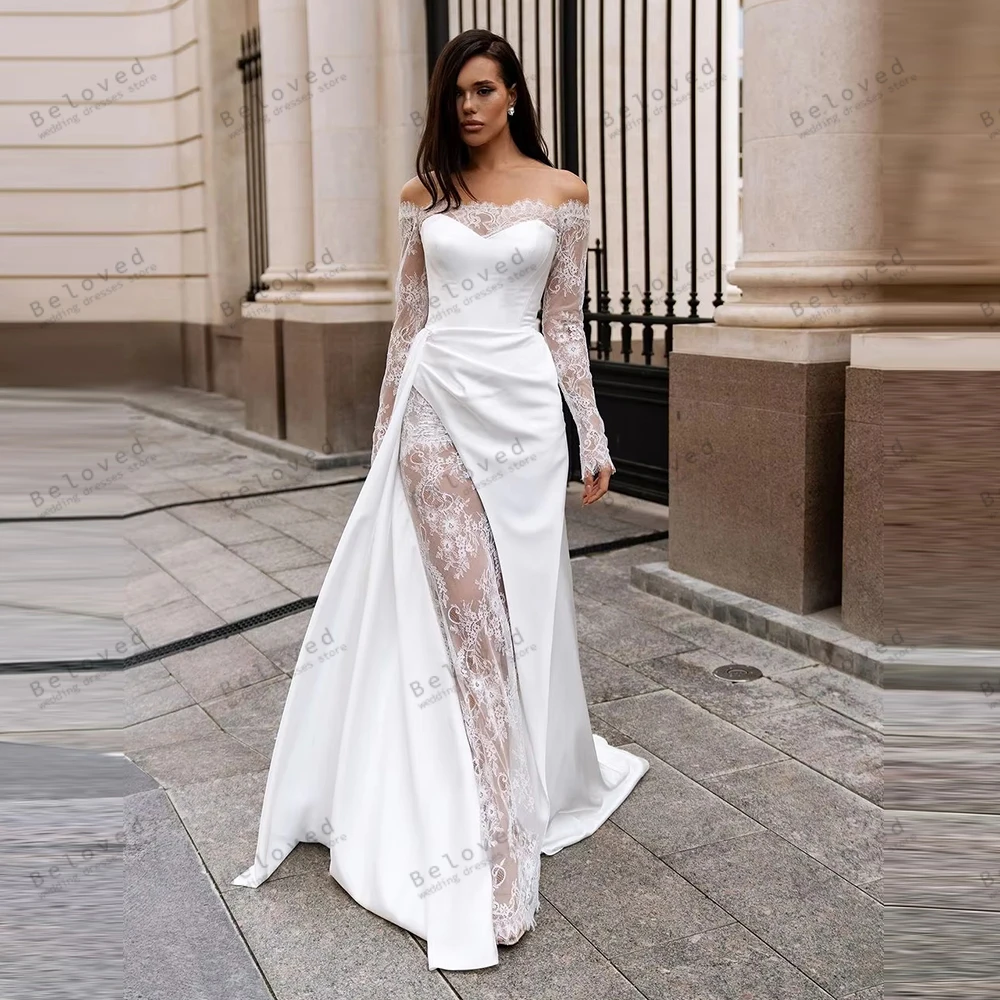 Vintage Wedding Dresses Graceful Bridal Gowns Satin Robes Off The Shoulder Sexy High Slit Elegant Vestidos De Novia Customized