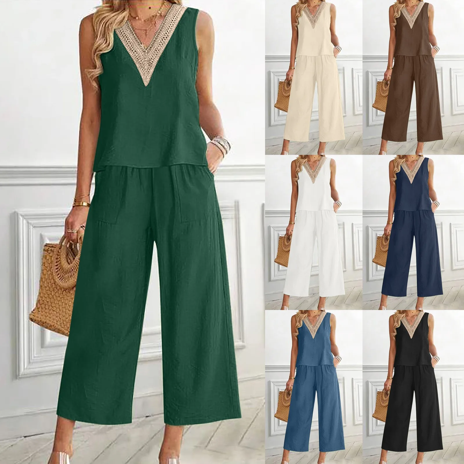 Women 2 Piece Solid Color Loose Fit Jumpsuits Outfits Sleeveless Linen Button Back Crop Top and