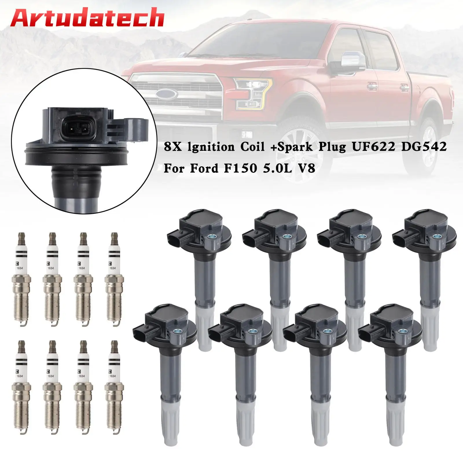 

Artudatech 8X lgnition Coil +Spark Plug UF622 DG542 For Ford F150 5.0L V8