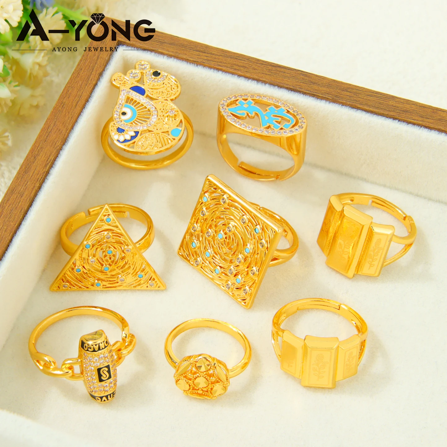 Arabische Mode Gold Ringe 24k vergoldet Dubai geometrische Zirkonia exquisite Ring italienische Frauen Event Party Schmuck – Detail 1