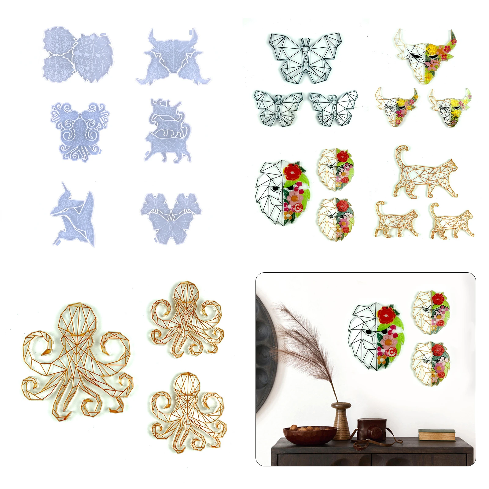 

Geometric Animal Pendant Decoration Epoxy Resin Mold Cow Head Butterfly Lion Wall Cup Pad Desktop Decoration Silicone Mold