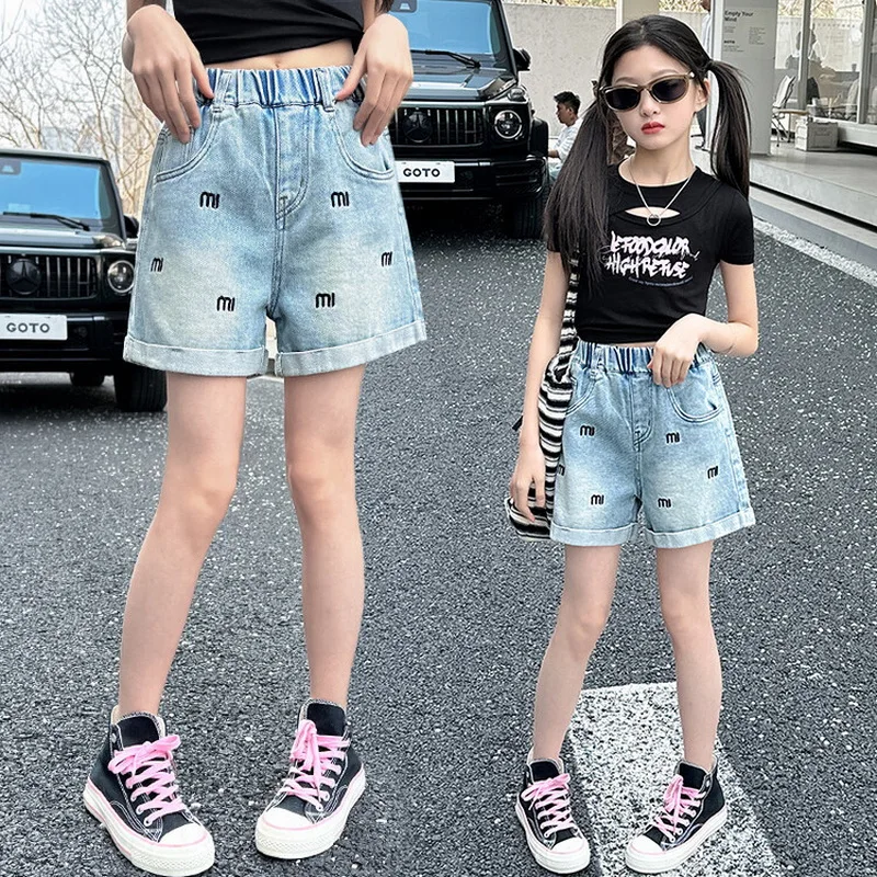 Summer Teen Girls Fashion Letter Embroidery Shorts Korean Style Cotton Kids Clothes School Casual Solid Denim Shorts 5-14 Years