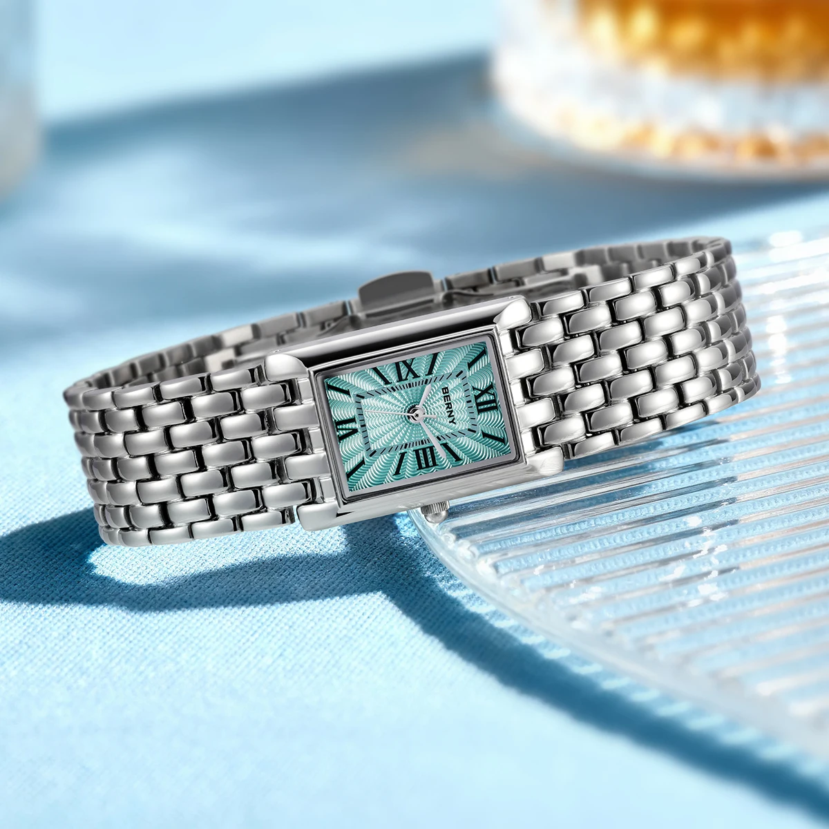 BERNY Uhren für Damen, modisch, luxuriös, rechteckig, lässig, Quarzuhr, massiver Edelstahl, wasserdicht, Mädchen-Armbanduhr – Detail 15