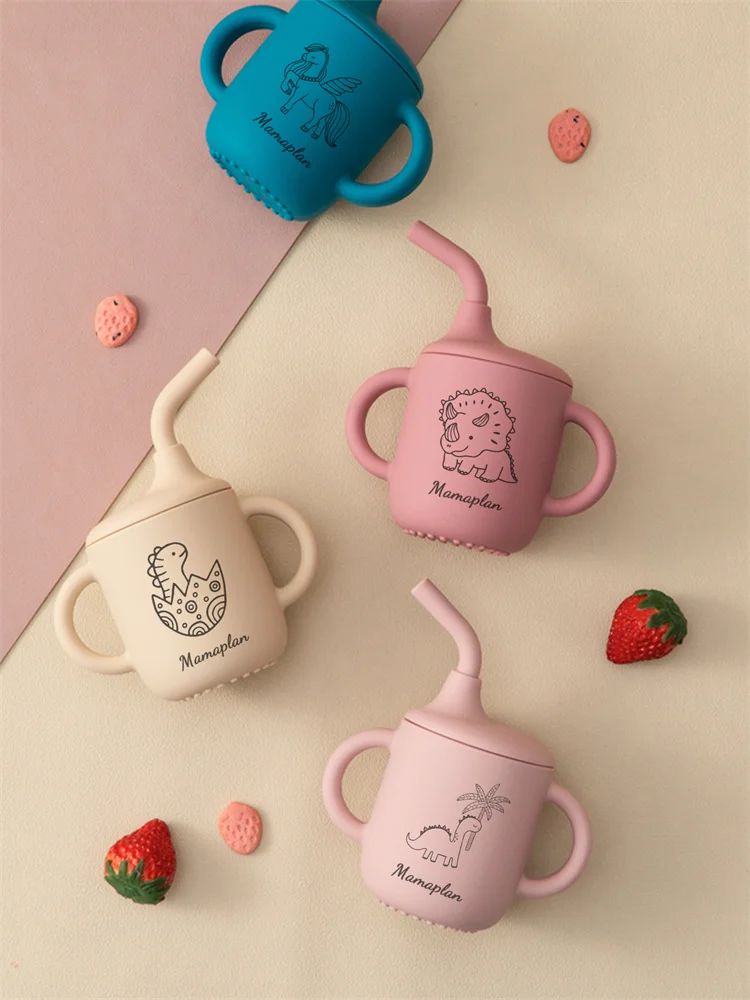 1PCS Customizable Baby Straw Cup With Dual Handles BPA Free Silicone Leak Proof Training Cup For 6M+ Infants Feeding Cup 4