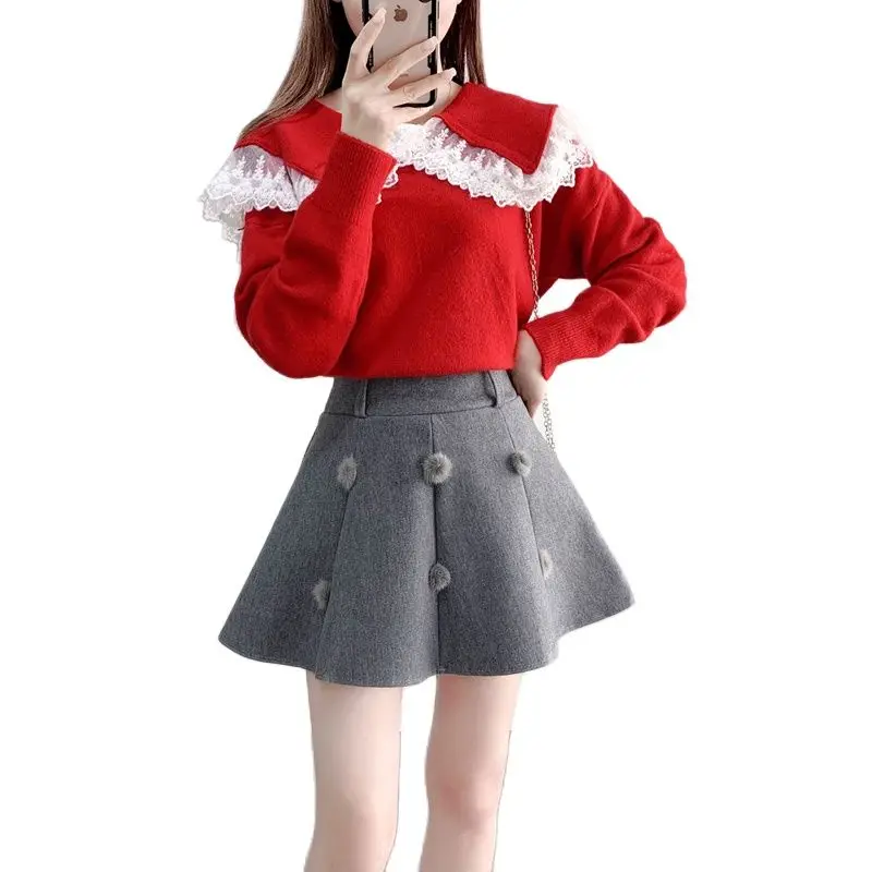 

Woolen Mini Skirt Sexy Office Lady Skirt Long Sleeves Perter Pan Collar Winter Sweater Two Pieces Women's Set