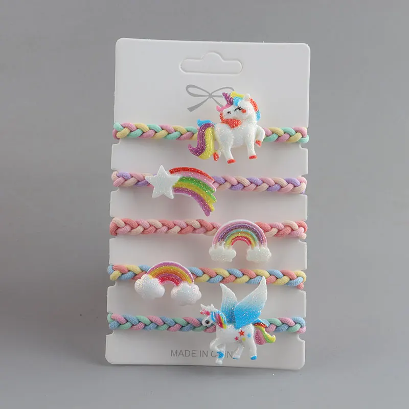 【 5 PCS/Card 】Unicorn Rainbow Hair Loop Headband Set Cartoon Hair Accessories Children's Rubber Band Headband Bracelet Dual Use