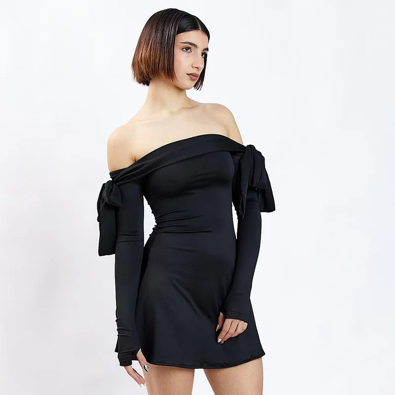 JULISSA MO 2025 Autumn Fashion Strapless Long Sleeve Bow Mini Dress For Women Sexy Slim A-line Outfits Solid Patchowrk Dress New