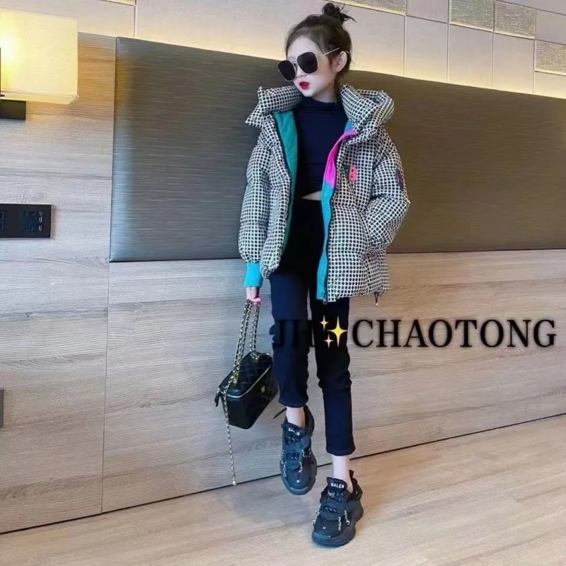 

Girls Winter Thick Coat Kids Plaid Cotton-padded Parka Warm Top Cuhk Child Zipper Hooded Outerwear Medium Long Thicken Clothes
