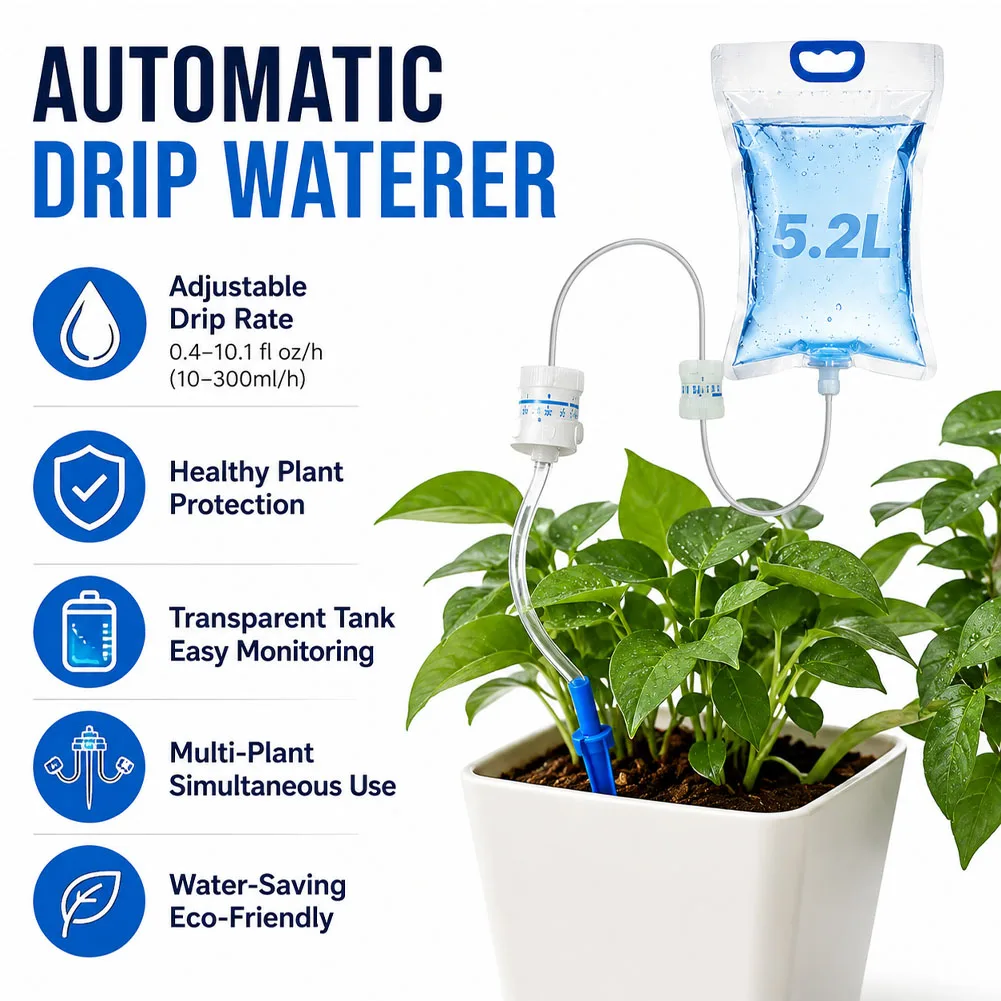 Einstellbare 5,2L automatische Bewässerungsvorrichtung, Pflanzenbewässerungsbeutel, Kontrolle des Tropfstroms, Wasserbeutel, Lazy Travel Dripper