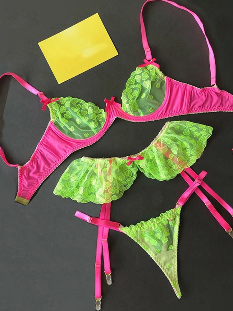 Conjunto de ropa interior de bordada de encaje fluorescente para mujer, sujetador anillo de acero, perspectiva de Tanga, lencería sexy, nuevo| | - AliExpress