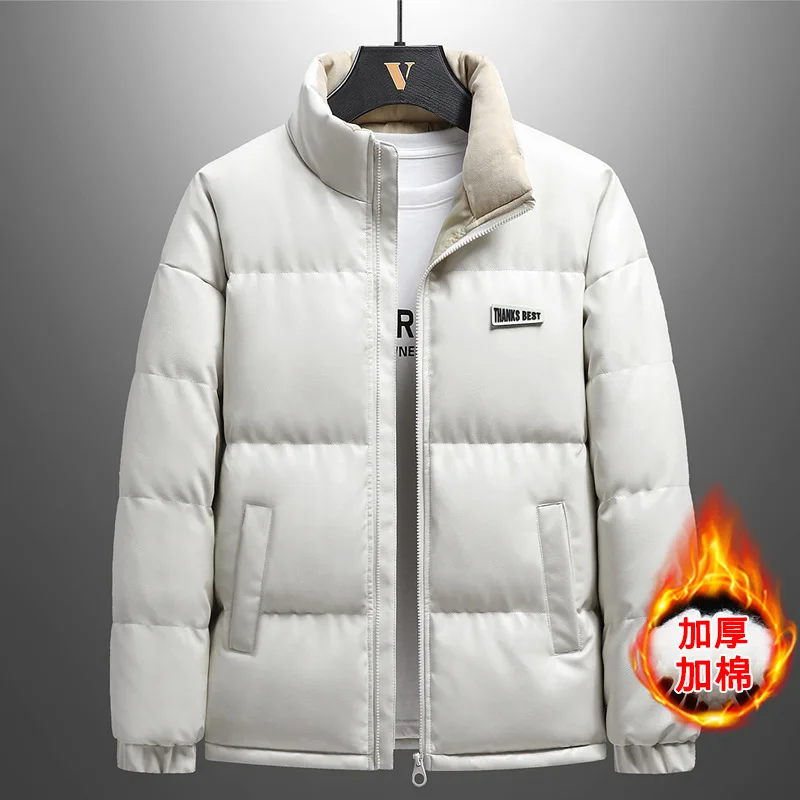 Winter Thick Warm Stand Collar Parka Men PU Leather Jacket Puffer Jacket Cotton-padded Jacket Plus Size Long Sleeve Casual Loose