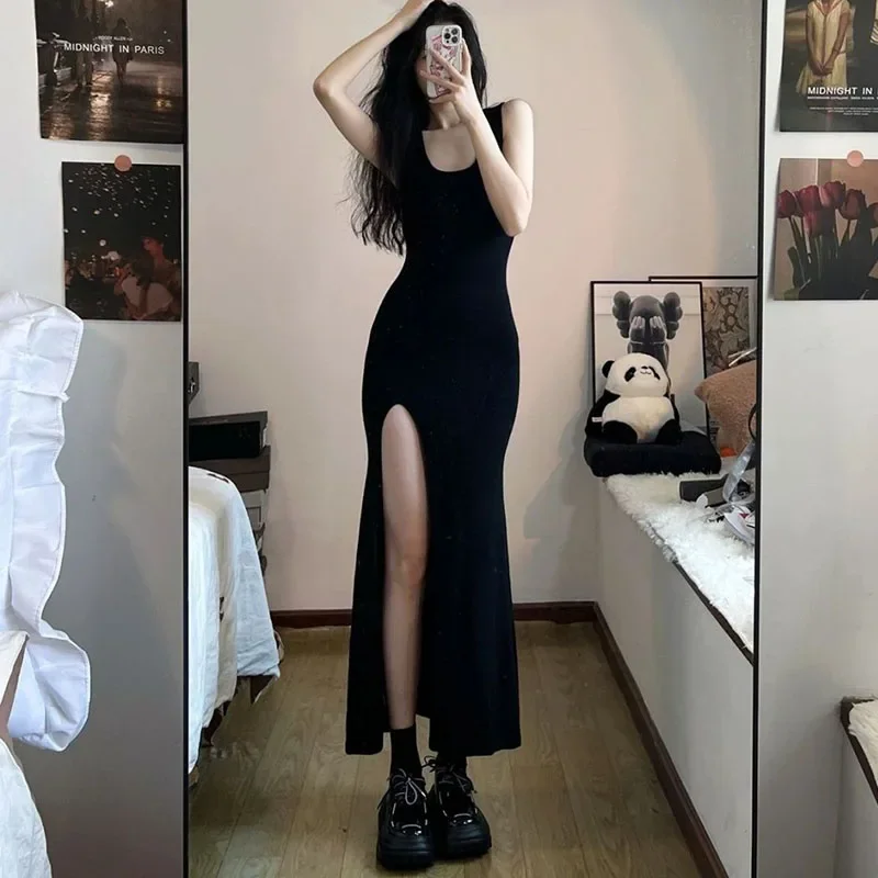 Black Sleeveless Strap Dress Women Sexy Slim Fit Side Slit