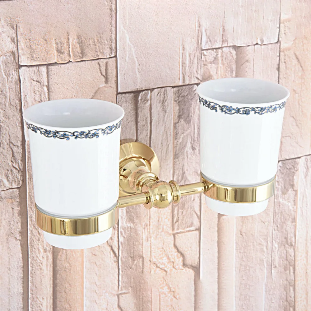 Golden Brass Wall Mounted Double Toothbrush Holders With 2 Creamic Cups Tooth Cup Holders For Bathroom Accessories zba316
