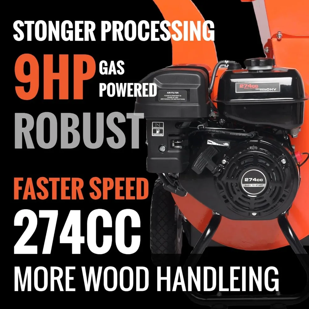 Wood Chipper 4" inch Max Diameter Capacity 9 HP 274cc Gas Powered Engine Heavy Duty Shredder Mulcher