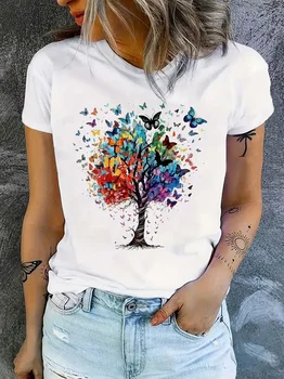 O-neck Butterfly Print Women's Crew Neck T-Shirt  Casual Short Sleeve Letter Print Spring Summer Top Tee T Shirt 1