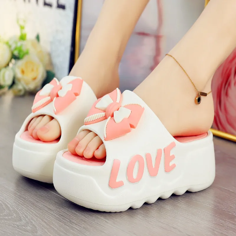 Neue 2025 hohe Plattform 6 cm klobige Slipper Frau Schleife mit metallischen Sommerschuhe für Frauen Strandsandalen zweifarbige Eva-Slides – Detail 13