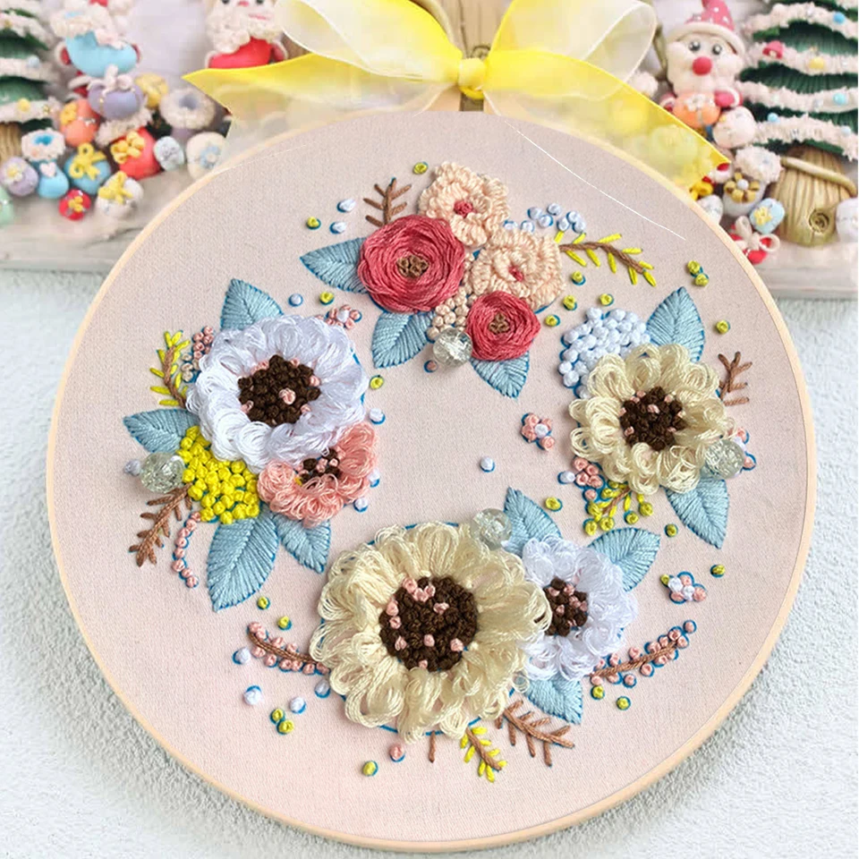 Flower Embroidery Cross Stitch Kit with Hoop