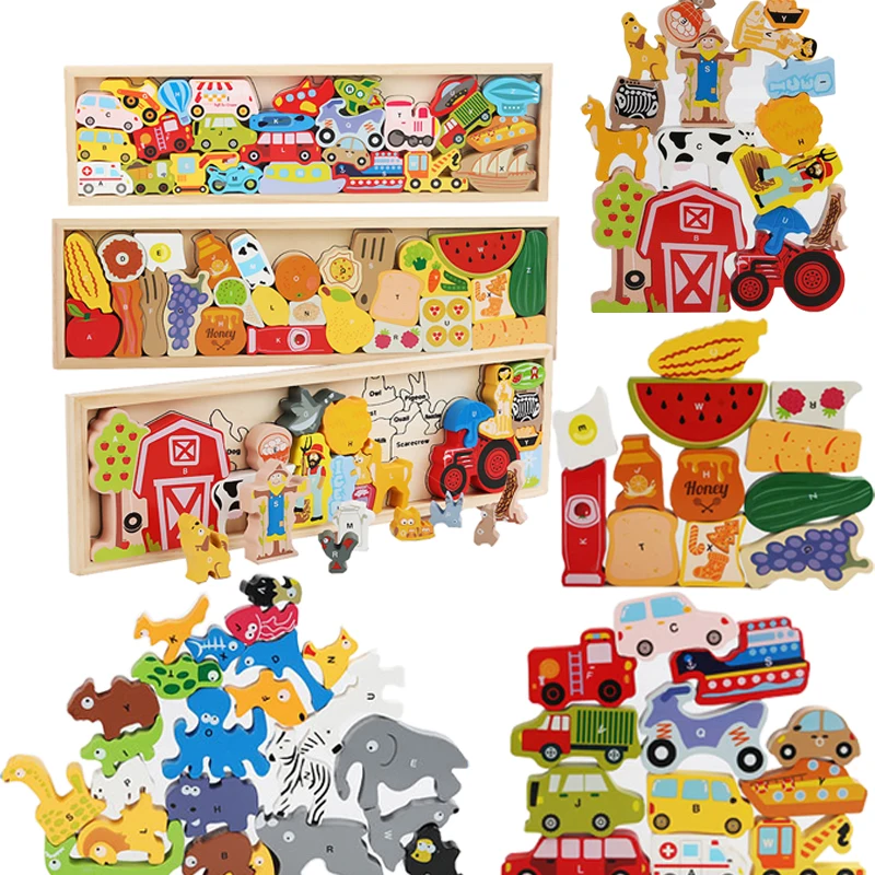 Children Montessori 3D Animal Puzzles Wooden Stacked Toy Cars