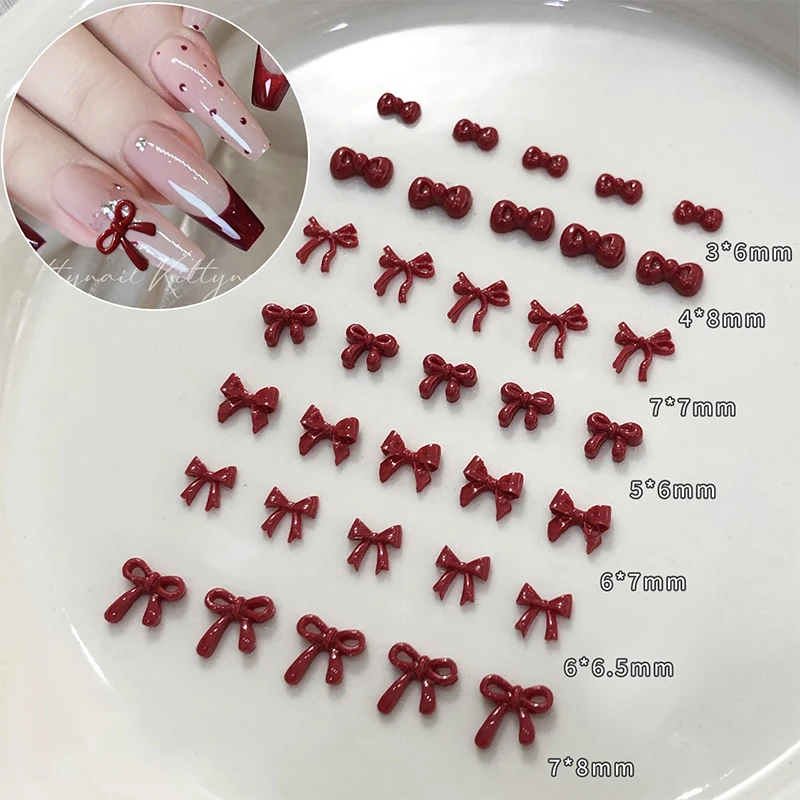100PCS 3D Red Bow Nail Charms Resin Nail Art Accessories Cute Manicure Decor Materials DIY Nail Decoration Festive Daily Tools