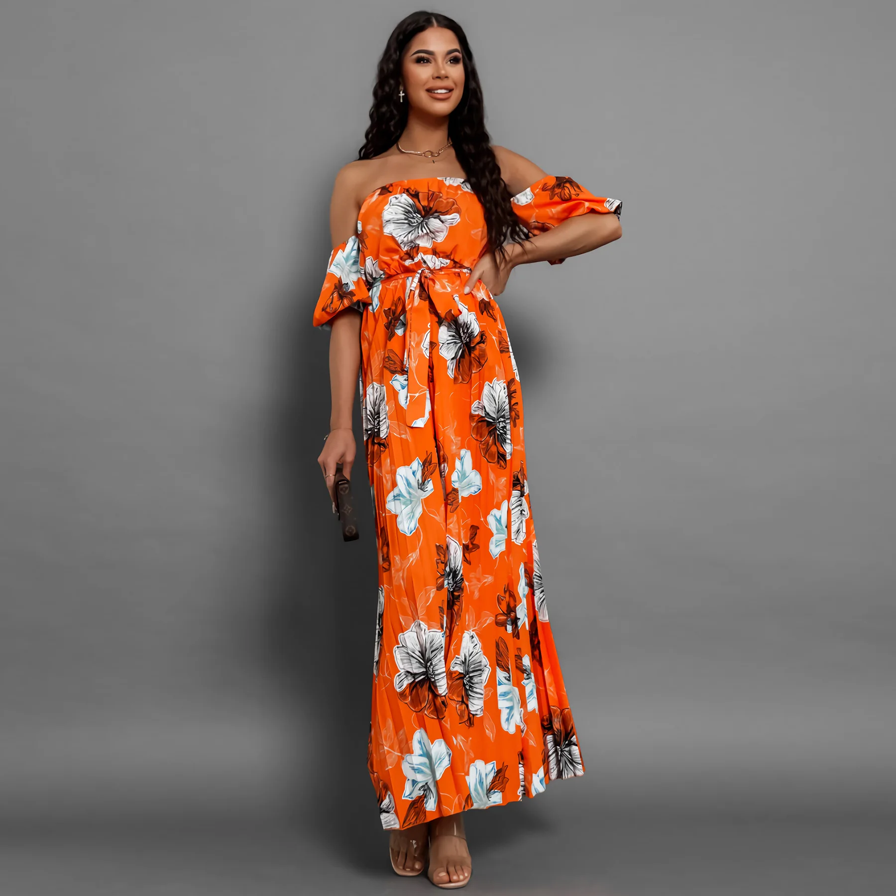 

2024 Women's New Arrival Hot Selling Popular Loose Pressure Pleat One Shoulder Short Sleeve Printed Dress Evening Fashion Dress