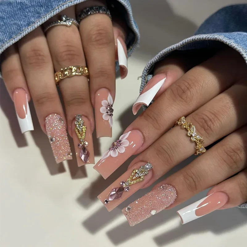 24pcs Detachable XL Ballerina flower artificial nails with designs Full Cover French fake nails set press on diamond false nails