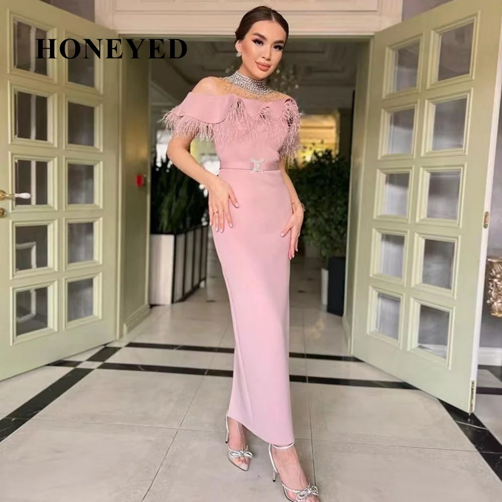 

HoneyedHandmade Beaded High CollarProm Dresses with Feathers ShortSleeves Formal Dress for Women AnkleLength Evening Party Gowns