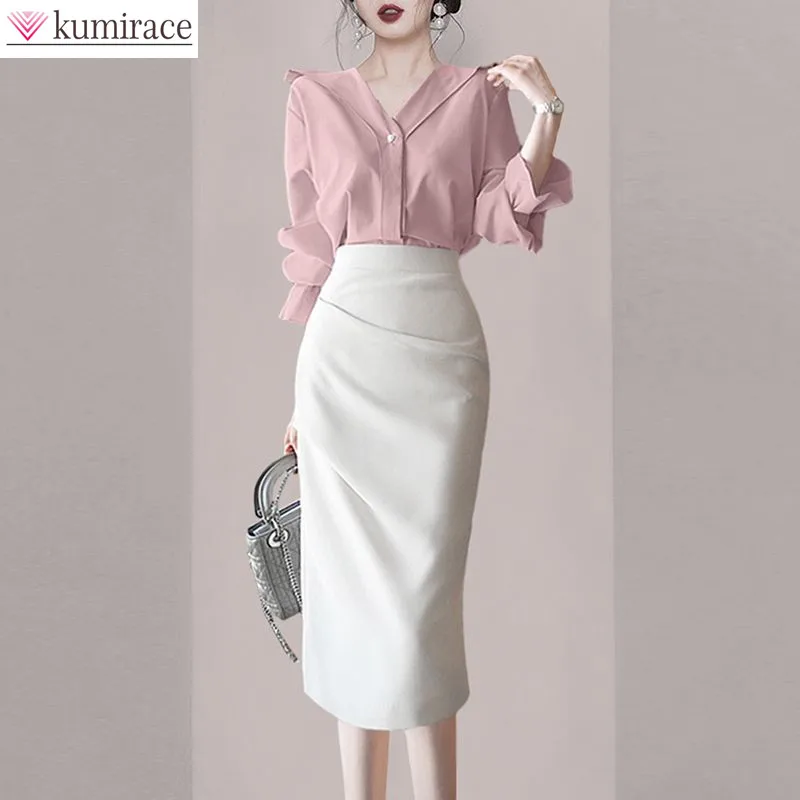 Women's Gentle and Fashionable Pink V-neck Ruffle Sleeve Shirt 2024 Early Autumn New Age Reducing Women's Two Piece Set