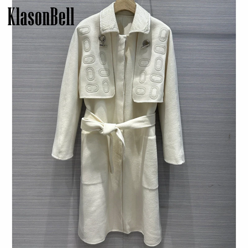 

11.14 KlasonBell Fashion Leather Embroidery Lapel Double-Sided Cashmere Long Vest Coat With Belt Short Jacket Set Women
