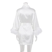 White Feather Robe With Fur Full Sleeves Sleepwear Satin Robes For Women Nightgown Bride Robe Gown Dress Bathrobe Female - Image 3
