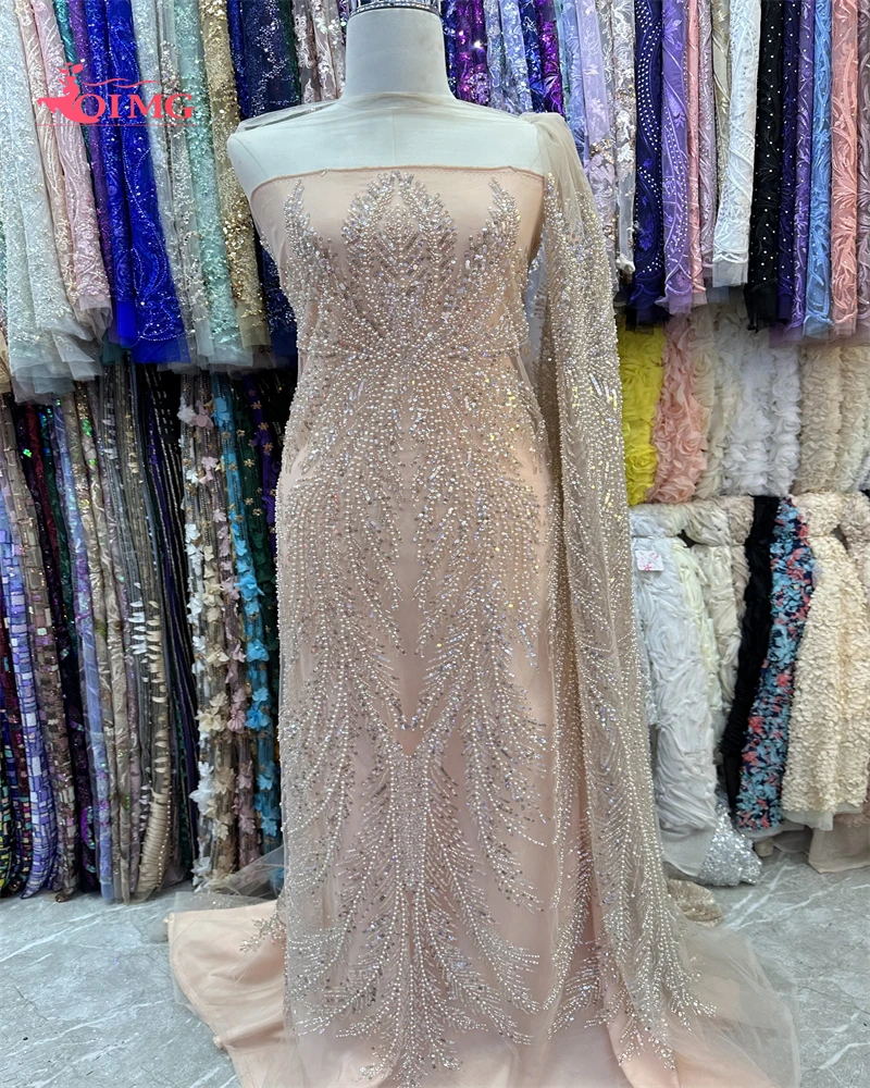 

OIMG New Arrival Beaded French Net Lace fabric Gary African Tulle Lace Fabrics With Sequins Embroidery For Party Dress