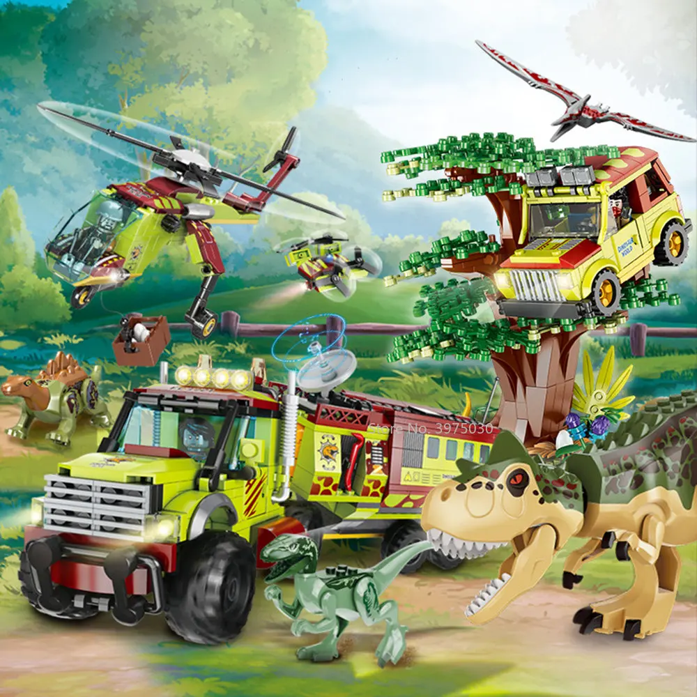 Jurassic Dino World Building Blocks Tyrannosaurus Fuoristrada Triceratops Transport Truck Dinosaur Figures Mattoni Giocattoli Fai Da Te