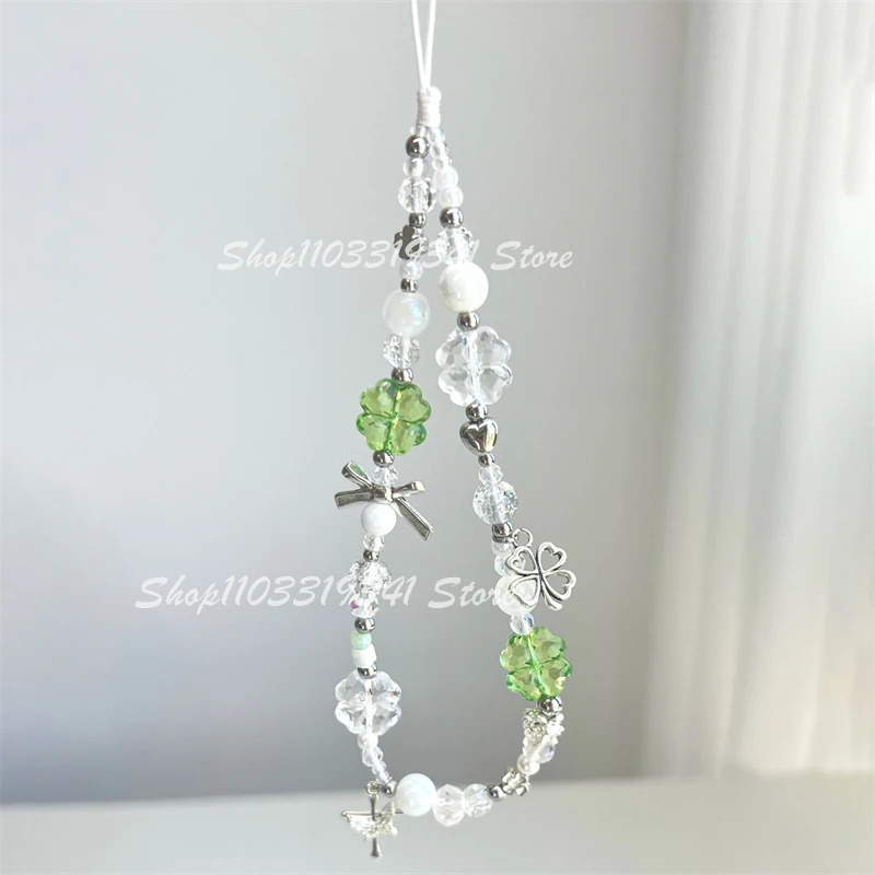 Korean Cute Green Clear Lucky Clover Beaded Keychain Phone Charm Chain Strap Pendant For Phone Accessories Bag Hanging Cord Gift