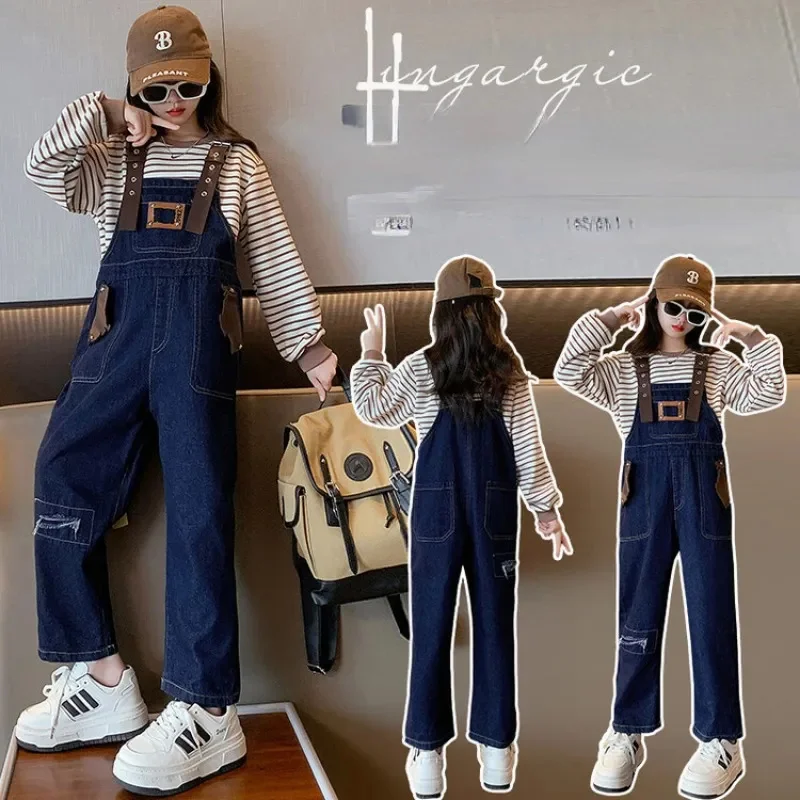 

Girls Suit Denim Overalls Children Cowboy Suspender Pants+ T-shirt Kids Jumpsuit Girl Jeans Trousers Spring Autumn 5 To15 Years