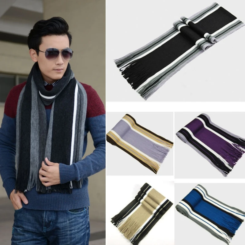 Men's Scarf Winter Classic Cashmere Warm Soft Fringe Striped Scarf Tassel Shawl Wrap