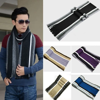 Men's Scarf Winter Classic Cashmere Warm Soft Fringe Striped Scarf Tassel Shawl Wrap