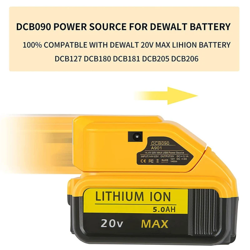 For Dewalt 18V 20V Max Li-ion Battery Adapter 3W LED Work Light with USB Replacement DCB090 Power Source Converter