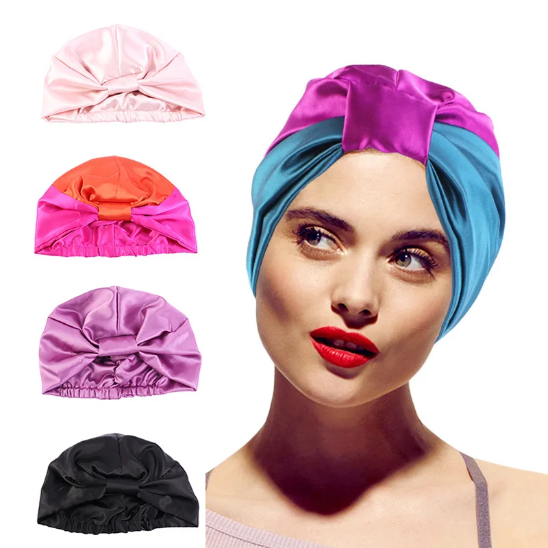 Fashion Patchwork Satin Double Layer Sleep Cap Women Shower Caps
