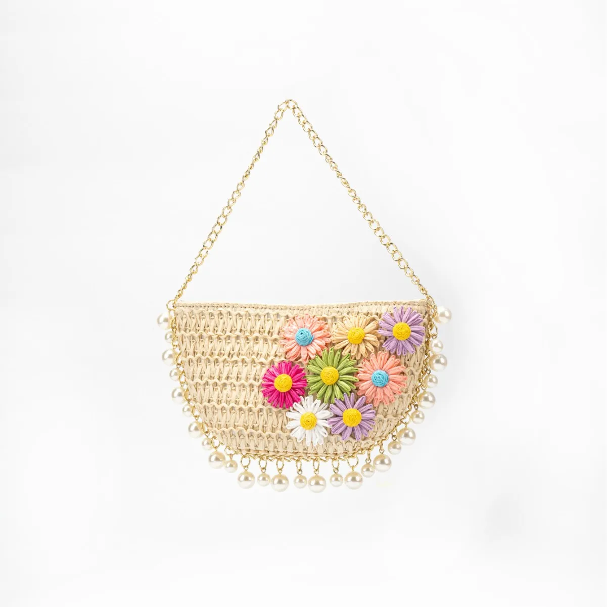 Women Pearl Conch Handbag with Pearl Chain Elegant Handwoven Straw Shoulder Bag Breathable Holiday Beach Bag Seaside Soft Pouch