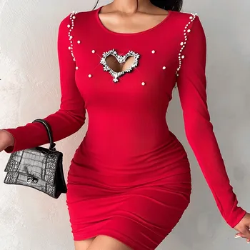 여성용 다이아몬드 진주 드레스, 할로우 하트 비즈 골지 랩스커트, 원피스 니트 퍼프, 긴팔 O넥 원피스, 신제품