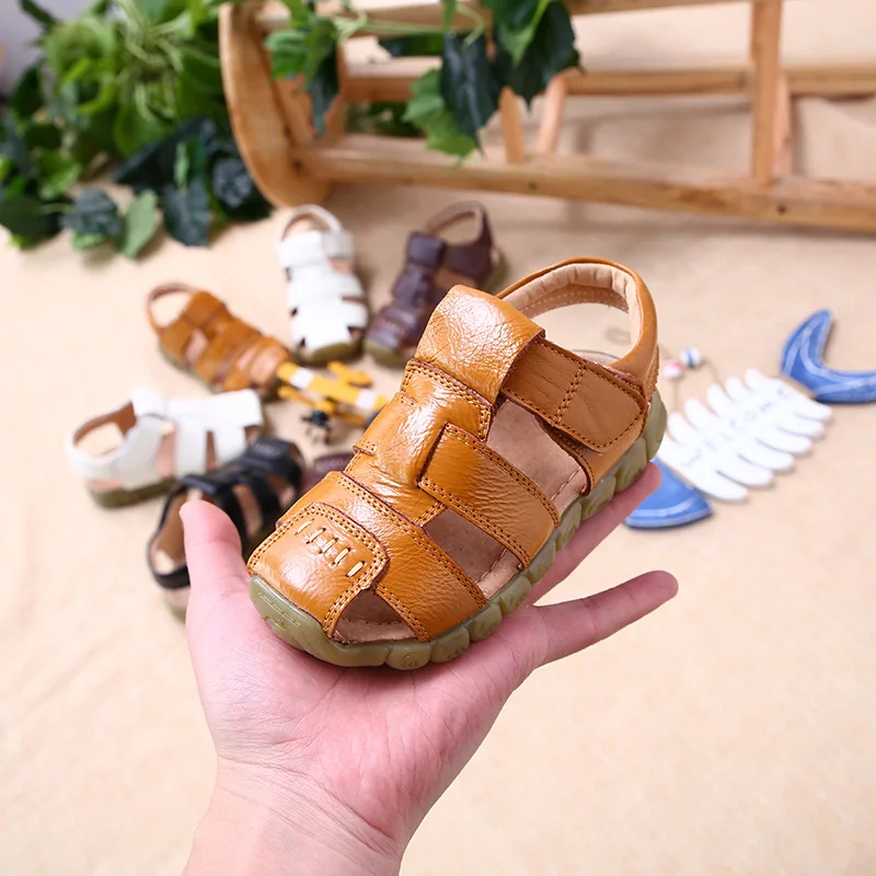 Children's Sandals 2022 Summer Sports Pig Leather Breathable Anti-kick Barefoot Sandals Boy's Wear-resistant Beach Sandals 3