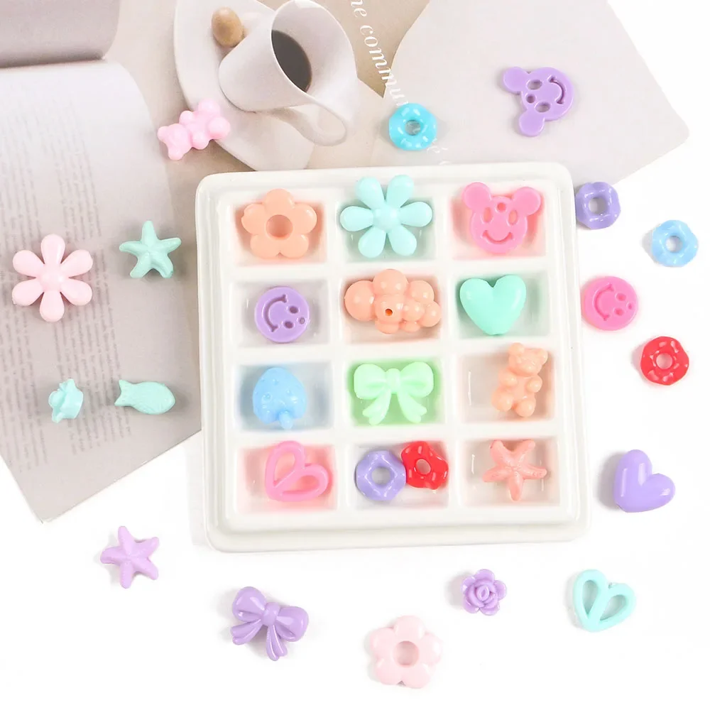 10-100pcs 스타일 아크릴 비즈 베어 하트 보우 꽃 느슨한 비즈 DIY 수제 전화 체인 팔찌 쥬얼리 액세서리 만들기