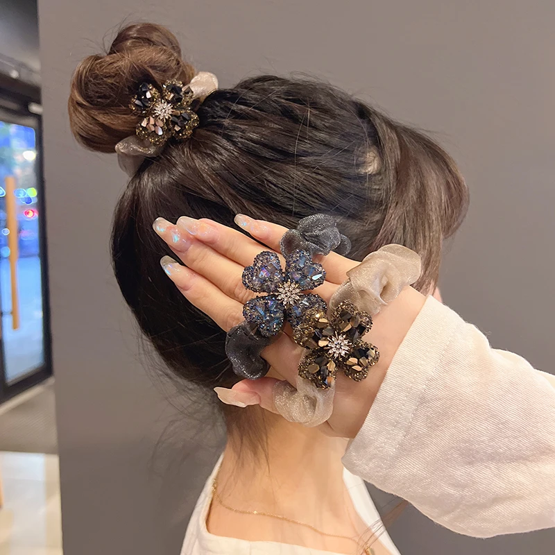 

Резинка для волос с кристаллами и цветами, эластичная лента для волос с бусинами, женская заколка, изысканное кольцо для волос в стиле Ins, аксессуары для волос
