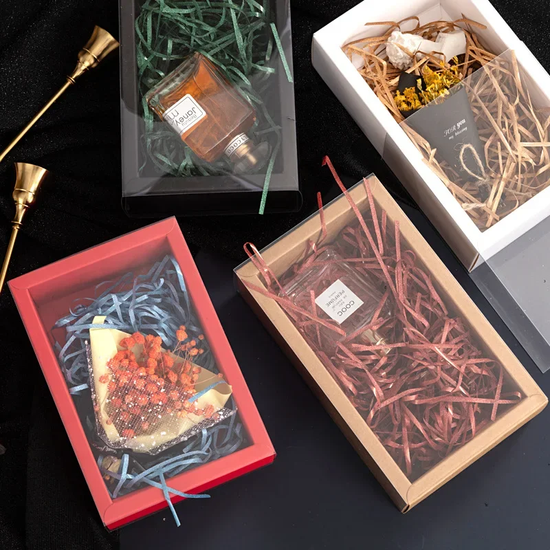 

10pcs Kraft Paper Gift Box Wedding Party Cookies Candy Cake Box With Clear PVC Window Exquisite Drawer Box Display