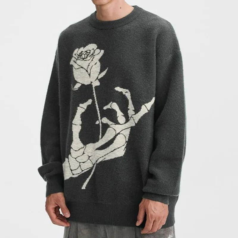 

Winter men's jacquard skull rose sweater knit sweater pullover long sleeve warm top clothes retro high street Y2k trend Harajuku