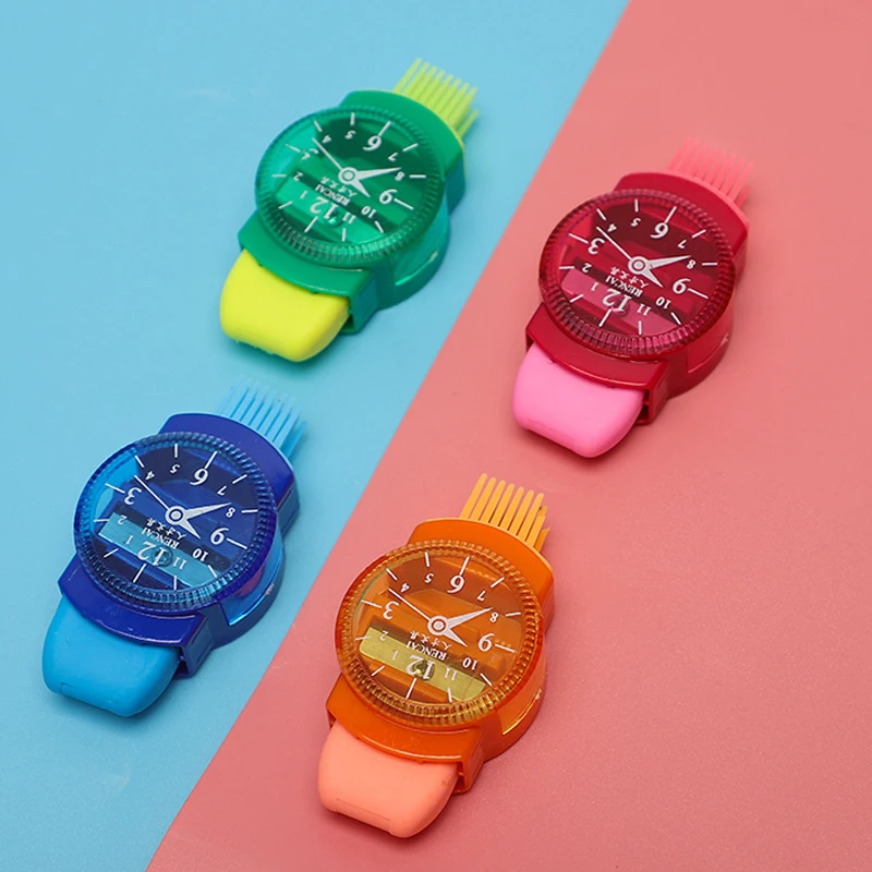 Cute Funny Watches Shaped Mini Colourful Pencil Sharpener With Eraser Brush Office School Girl Supplies Machine Pencil Sharpener