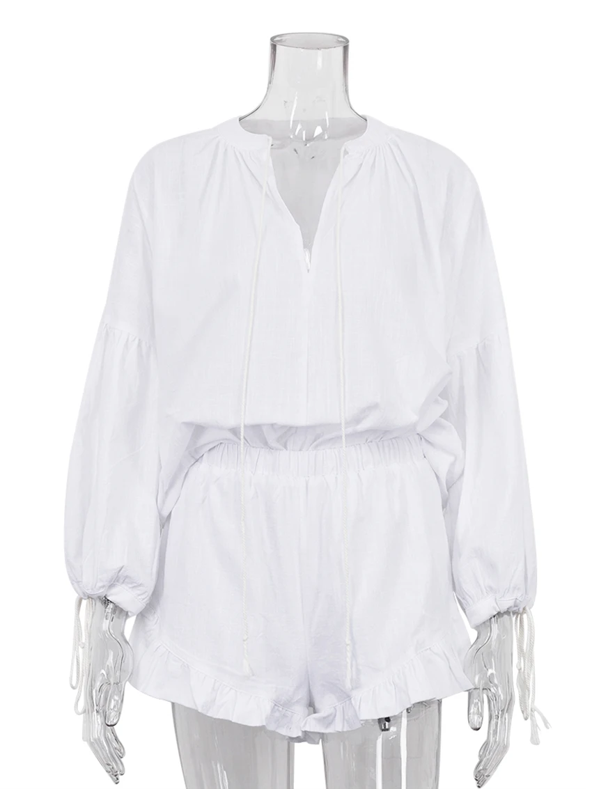 Marthaqiqi Casual Female Pajama Suit Long Sleeve Sleepwear Sexy V-Neck Nightgowns Ruffle Edge Shorts Loose Women'S Nightwear Set