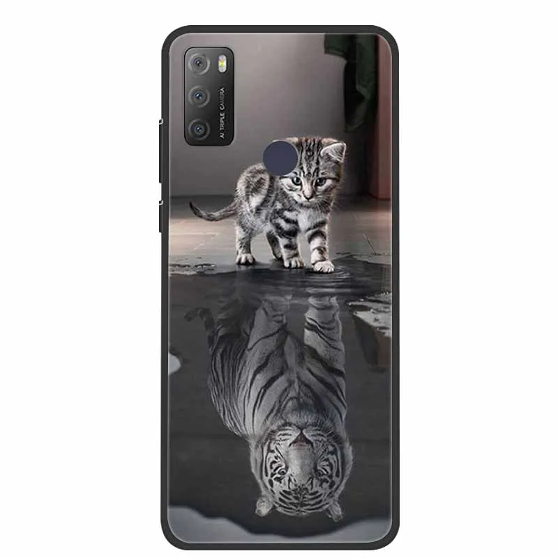 Charming Cat & Floral Design Silicone Phone Case, Black 6.52''