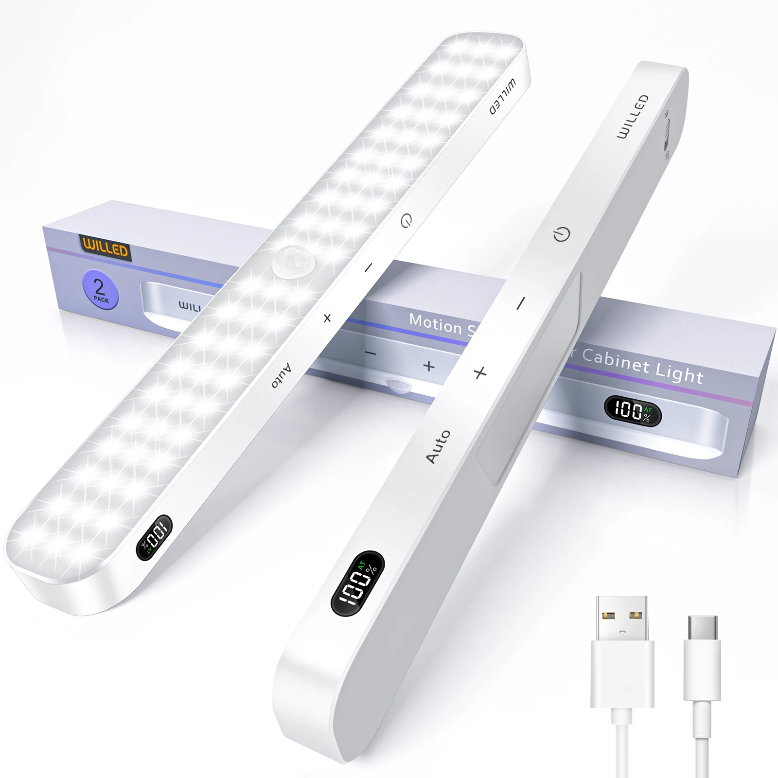 

WILLED 2 Pack Motion Sensor Cabinet Light Battery Display 60 LED Touch Light Bar Wireless Rechargeable Battery Night Light