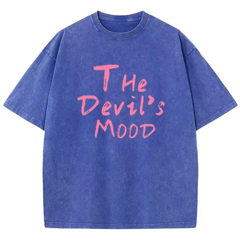 Fashion Womans Cotton Washed T-shirts The Devil's Moon Letter Prints Tops Casual O-Neck Oversize Tees Street Female Clothes 3